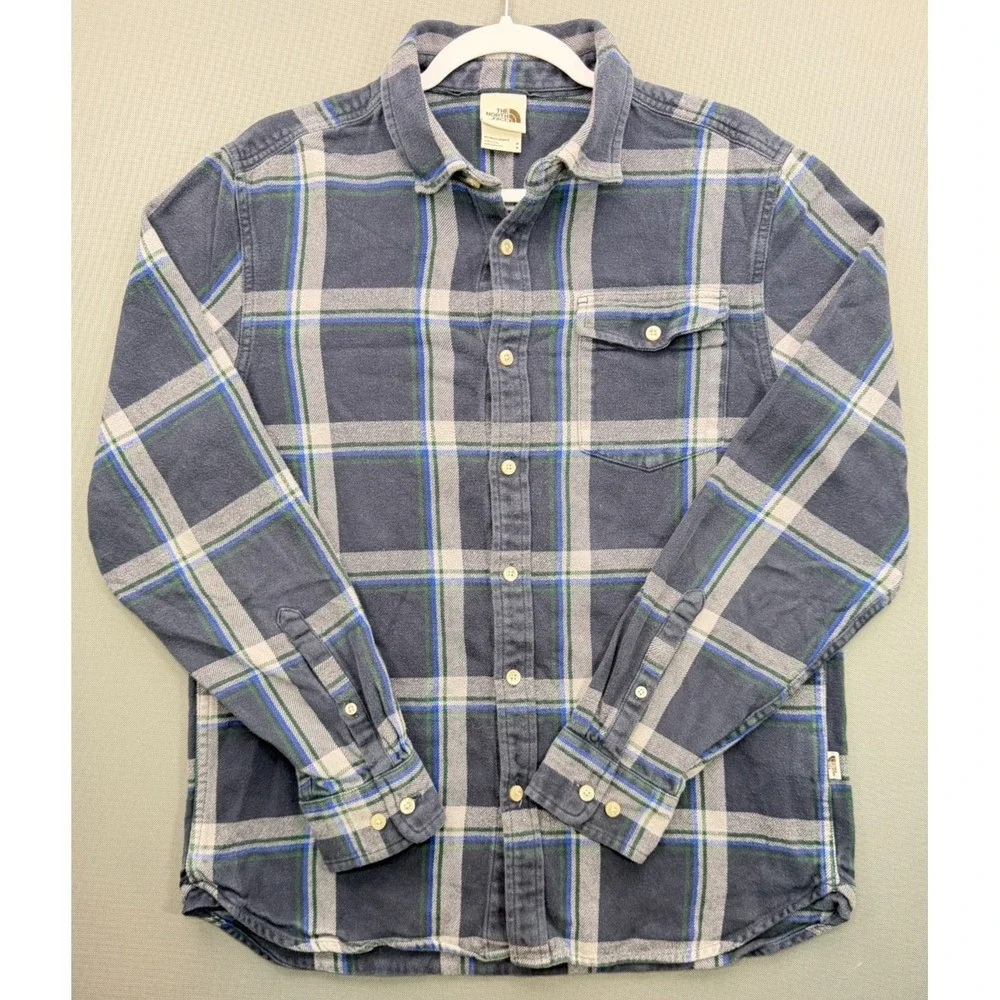 The North Face Plaid Flannel Button Down Shirt Navy Blue Granola Gorpcore Mens M
